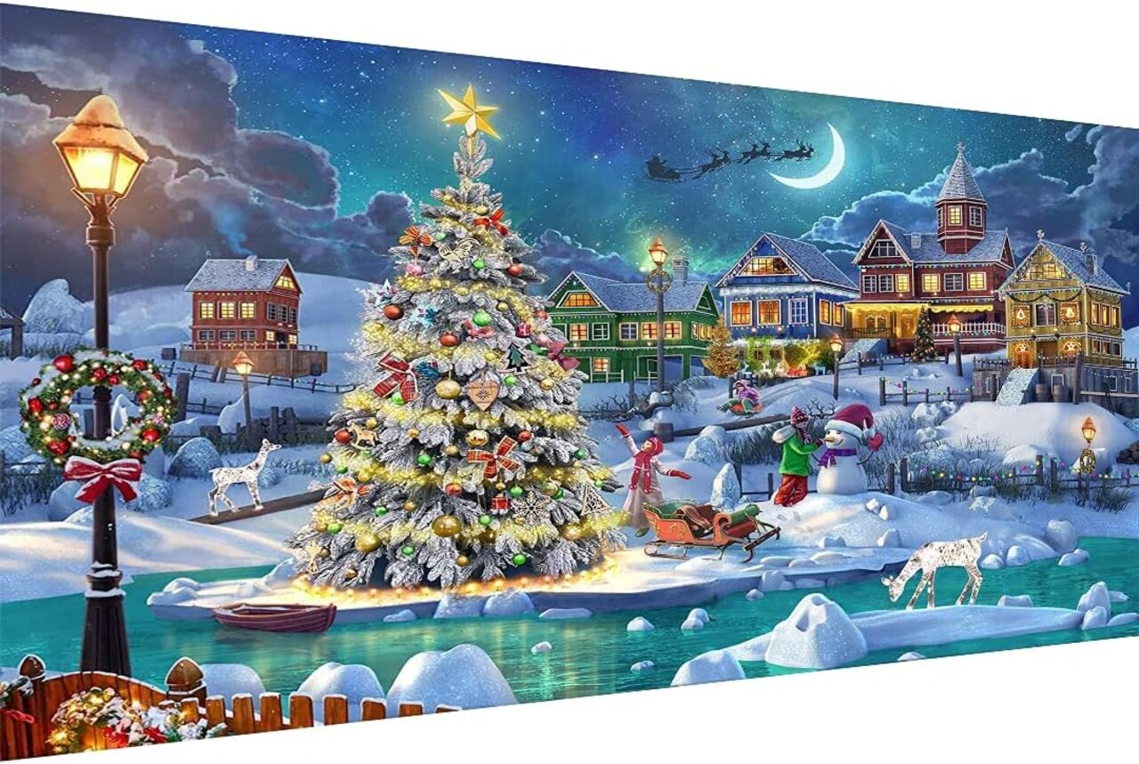 Christmas Night 5D Diamond Painting Kit for Adults – Full Drill DIY Gem Art Featuring Christmas Tree with Moon, Home Wall Décor, 28 x 16 Inch